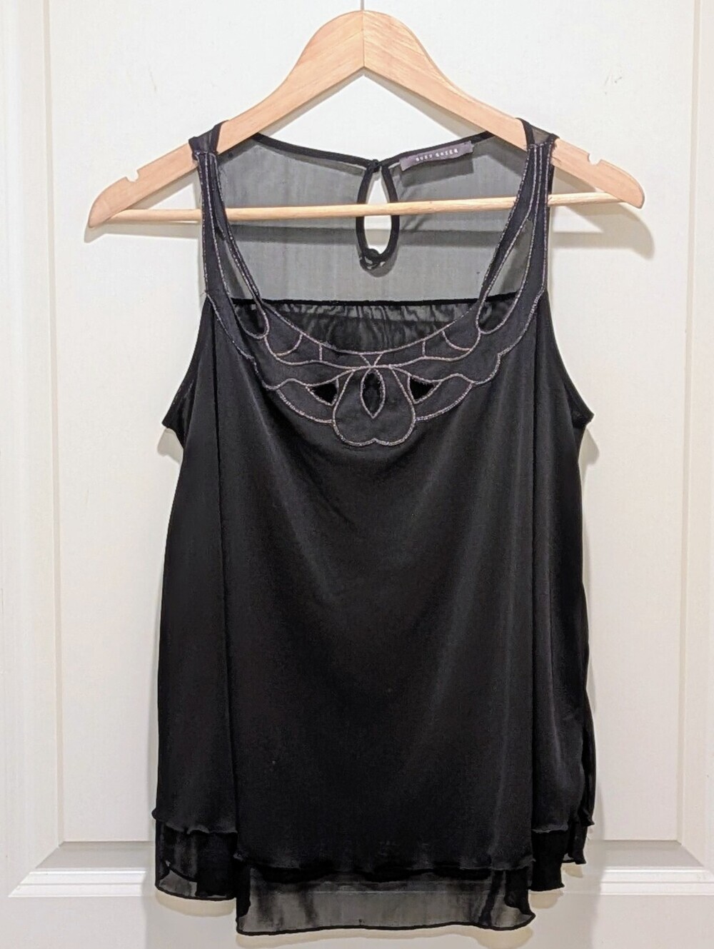 3/$30 GUC Suzy Shier M Flowy Black Cami with Metallic Cutout Detail
